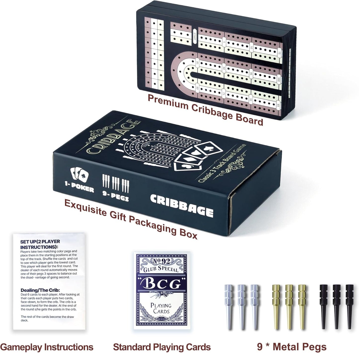 Cribbage Board Game Set - Wooden Foldable 3-Track Board with Magnetic Closure, 9 Metal Pegs, Playing Cards, Portable Family Travel Game for Gatherings and Gifts