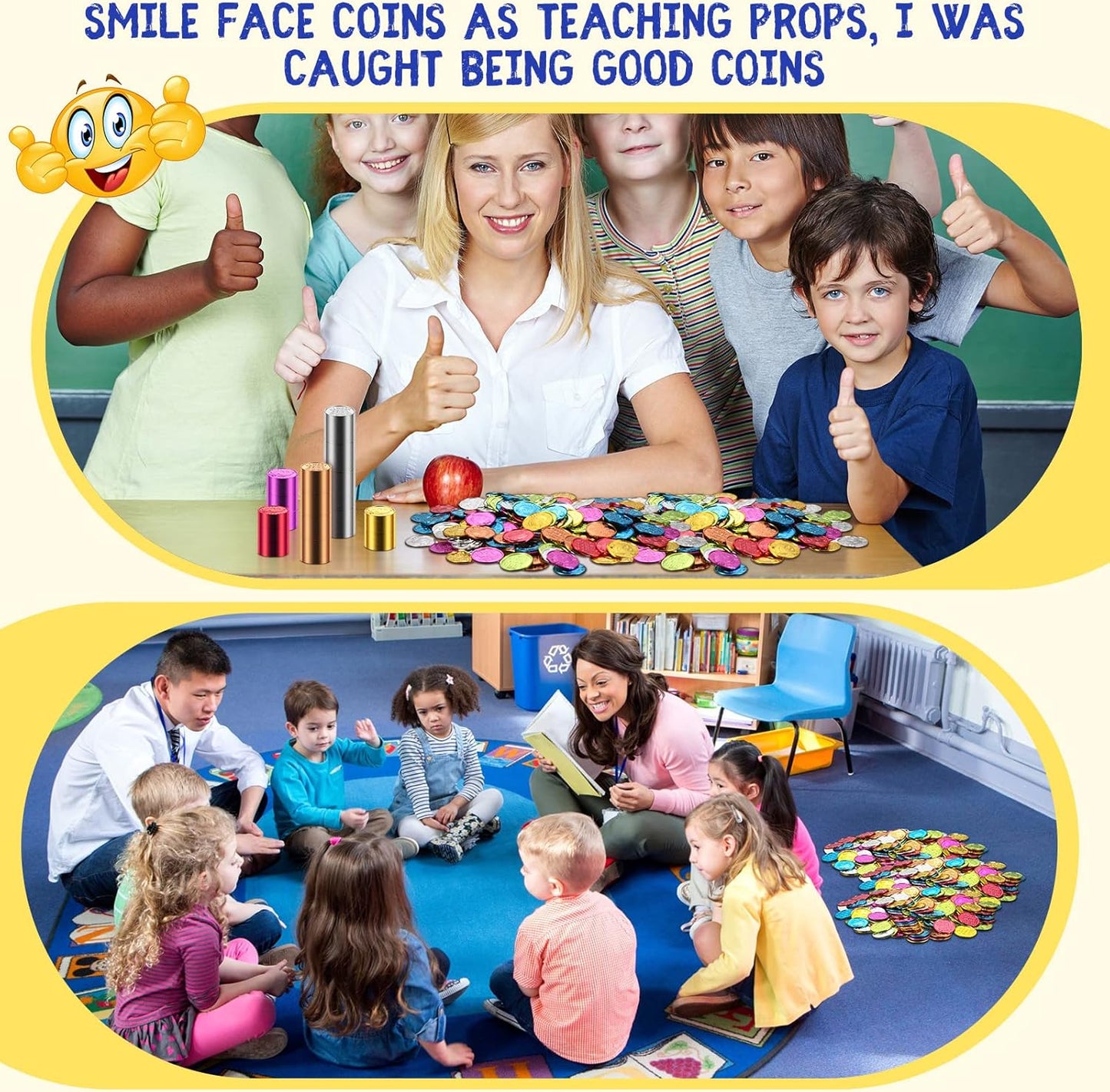 Jerify Caught Being Good Coins for Kids Behavior Tokens Plastic Reward Colored Pretend Coin Carnival Halloween Party Counting(200 Pcs,Smile Face)