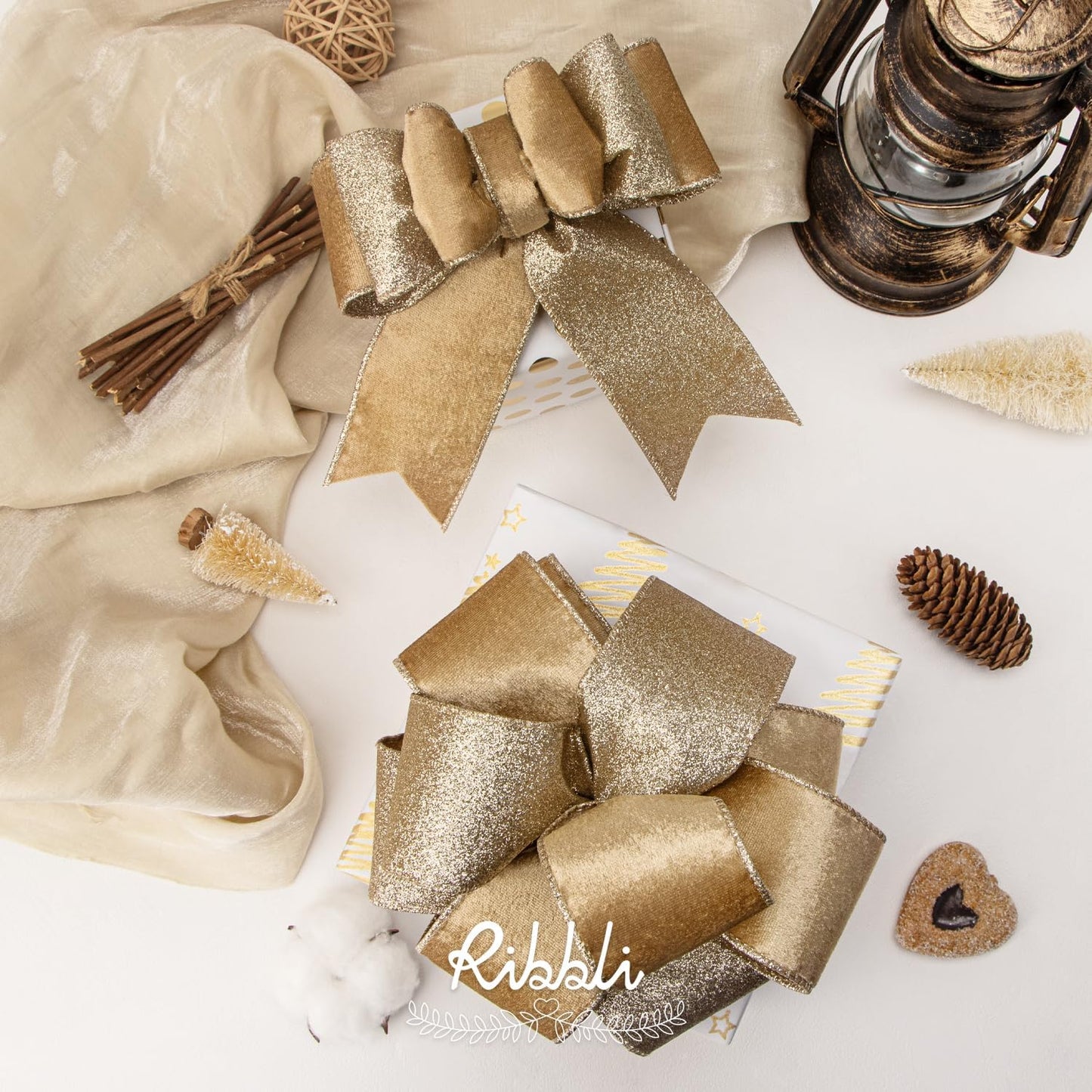 Ribbli Champagne Gold Velvet Wired Ribbon 2.5 Inch Khaki Velvet with Champagne Glitter Christmas Ribbon for Christmas Tree Decoration Big Bow Gift Wrapping Crafts Wreaths Supplies- 10 Yards