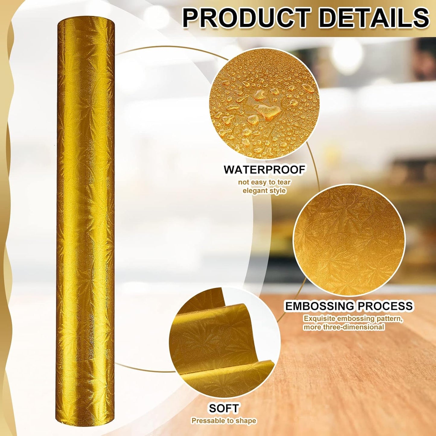 Jecery Embossed Floral Foil Paper Metallic Wrapping Paper Colored Foil Sheets for Crafts Scrapbook Florist Cake Board Cake Drums Christmas Party Gift Wrapping, 15.7 Inch 46 ft(Gold)