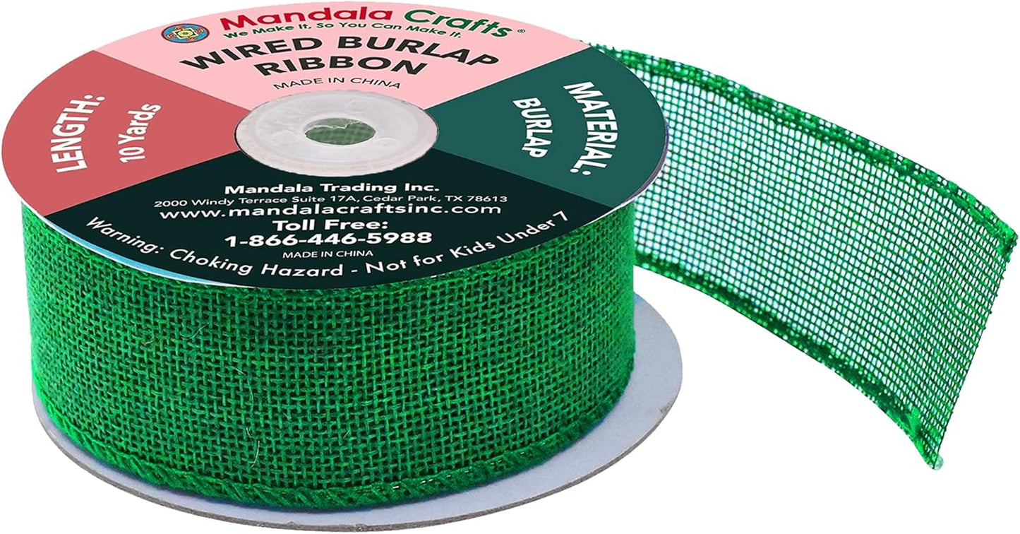Mandala Crafts Green Burlap Wired Ribbon 1.5 Inches Wide Jute Ribbons for Crafts - 10 Yds Roll Rustic Burlap Wrap Trim Ribbons for Wreaths Bows Party Decoration