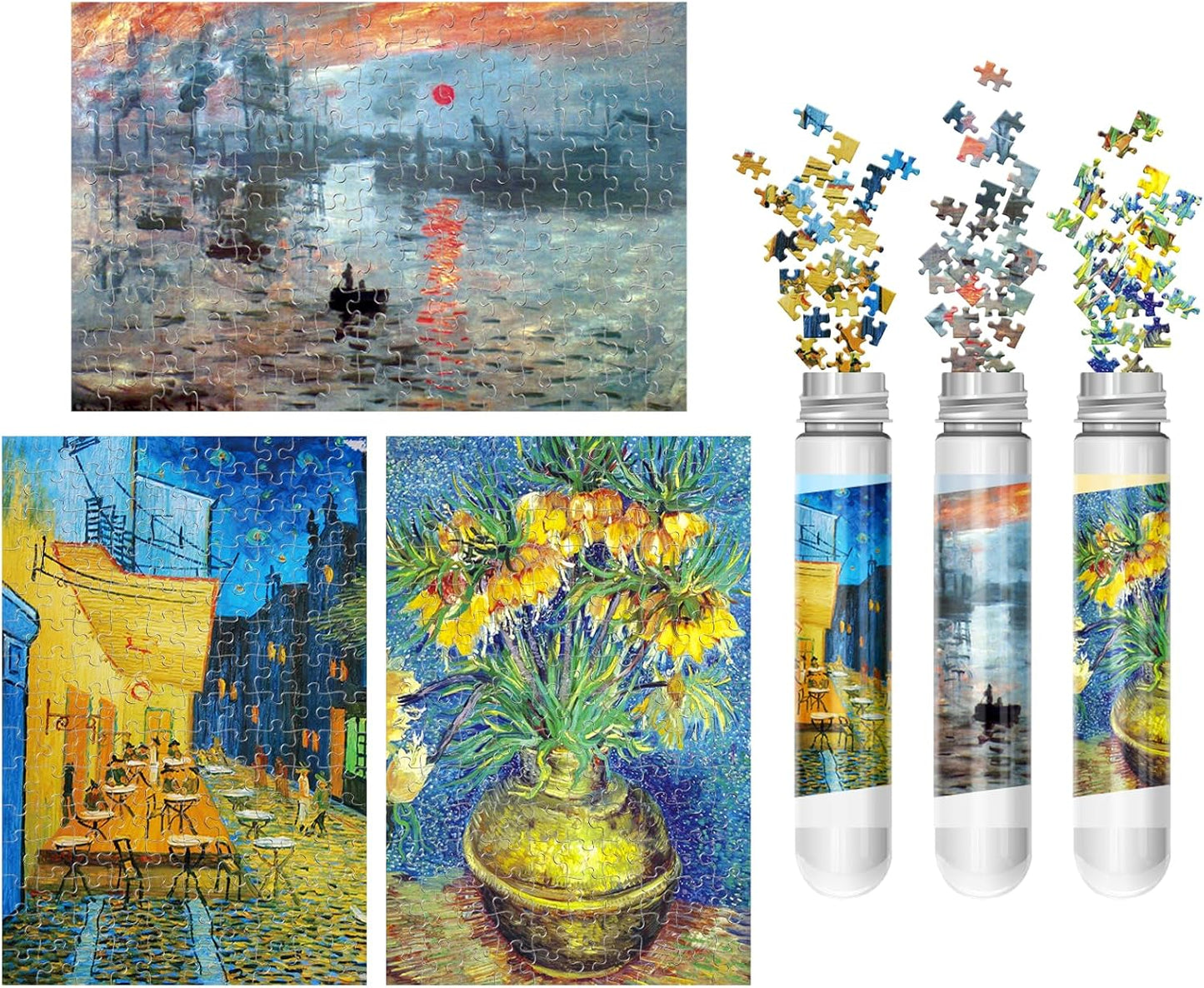 150 Pieces Mini Jigsaw Puzzle for Adults & Kids - 6" x 4" Small Capsule Tube Intelligent Game - Impression Sunrise, Fritillaries in a Copper Vase, Cafe Terrace at Night 3 Pack
