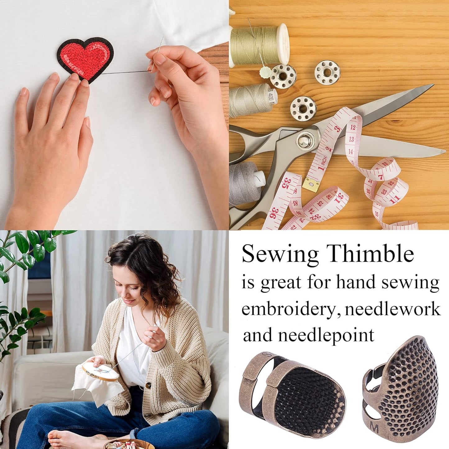 J.CARP 4Pcs Sewing Thimble, Metal Copper Sewing Thimble Finger Protector, Adjustable Finger Shield Ring Fingertip Thimble Sewing Quilting Craft, Accessories DIY Sewing Tools (2 Sizes, S/M)