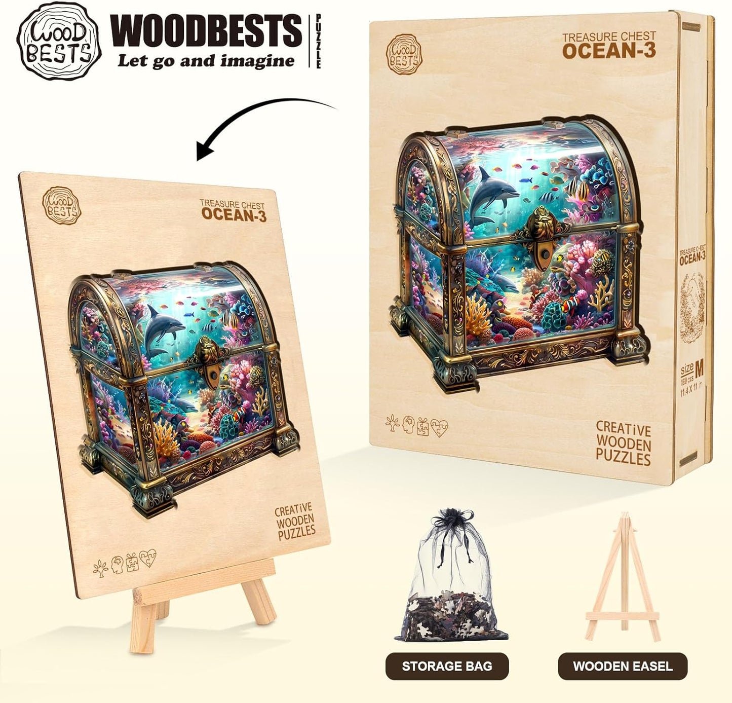 Wooden Puzzles for Adults, Treasure Chest Ocean Wooden Jigsaw Puzzle Unique Shape Animal Wood Puzzles Adult 3D Visual Effect, Birthday Gifts for Puzzle Lovers Family Games (L-13.4 * 12.9in-260pcs)