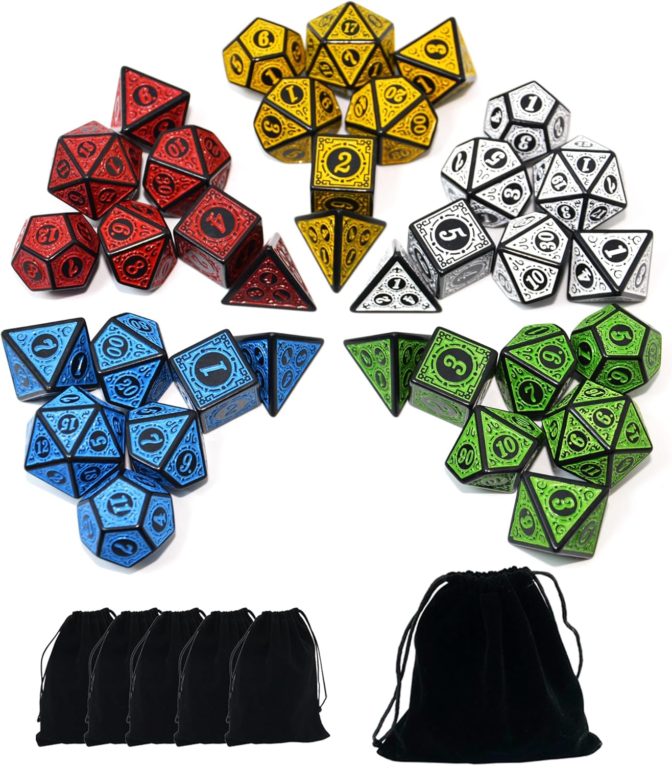 SmartDealsPro Double-Colors Polyhedral Dice Sets with Pouches for D&D DND RPG MTG Dungeon and Dragons Table Board Roll Playing Games D4 D6 D8 D10 D% D12 D20 (5-Color Retro Sets)