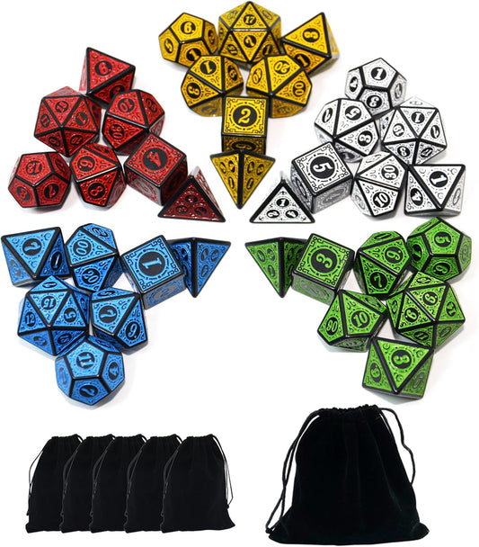 SmartDealsPro Double-Colors Polyhedral Dice Sets with Pouches for D&D DND RPG MTG Dungeon and Dragons Table Board Roll Playing Games D4 D6 D8 D10 D% D12 D20 (5-Color Retro Sets)
