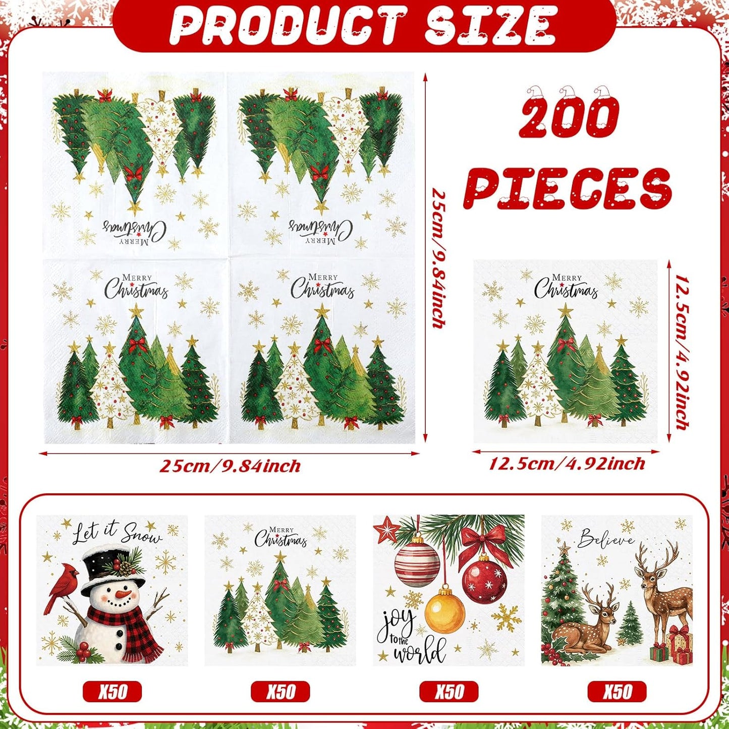 Janlaugh 200 Pcs Christmas Paper Cocktail Napkins Disposable 2 Ply Xmas Style Decoupage Beverage Napkins for Xmas Holiday Winter Dinner Table Decor (Classic Style)