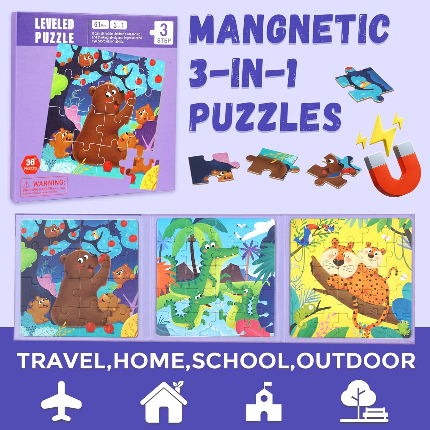 3 in 1 Toddlers Animal Magnetic Jigsaw Puzzle, Travel Puzzles for Preschool Learning, Ages 3-8 (Animal Forest)