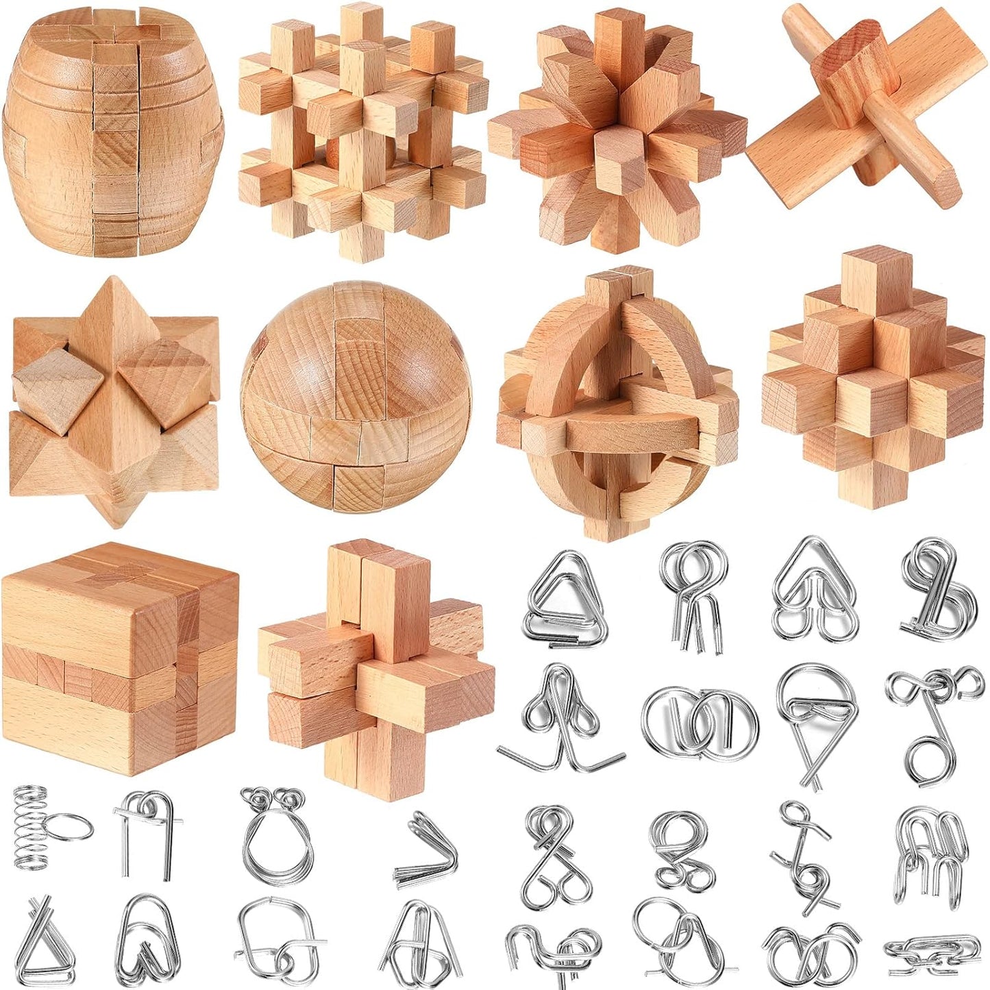 34 Pcs Metal Brain Teaser Puzzles for Kids Adult 3D Wooden Mind Games Puzzle Cube Wooden Brain Games Block Metal Wire Unlock Interlock Game Educational Logic Mind Desktop Toys
