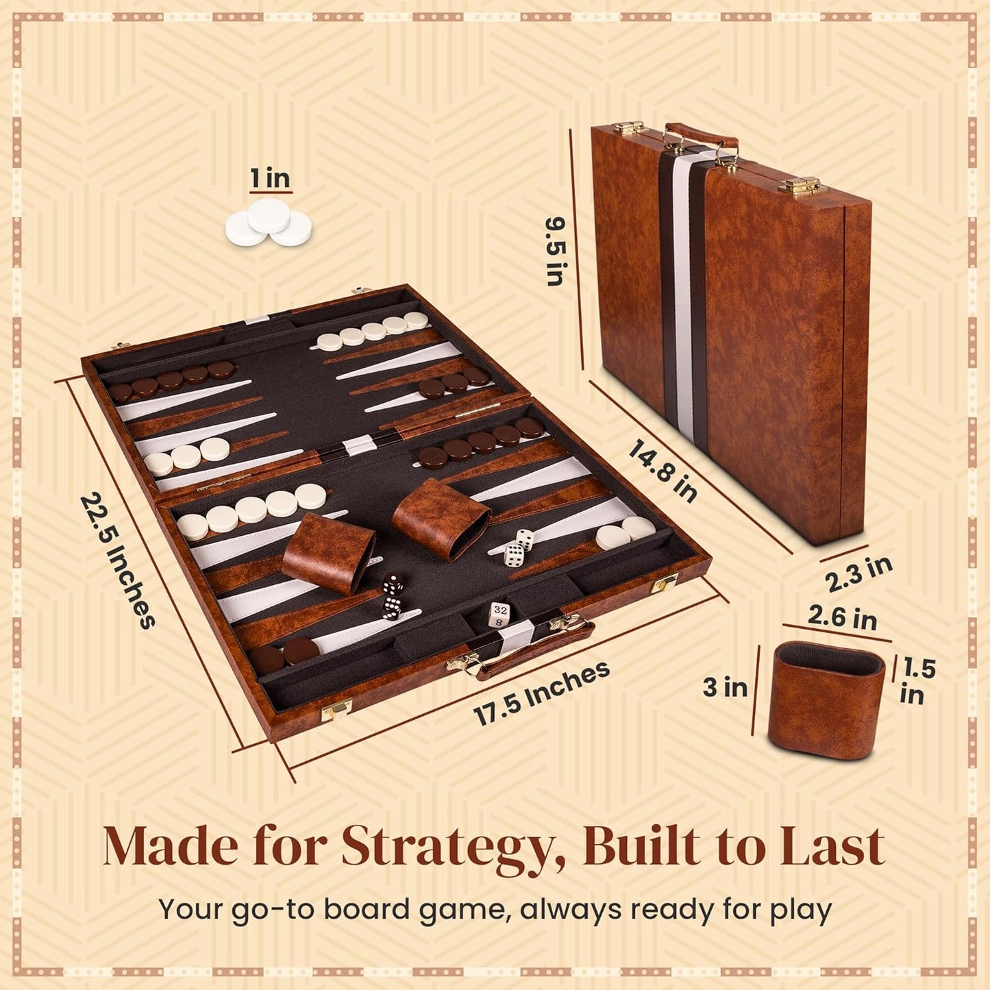 Backgammon Sets for Adults with Premium Leather Case | Classic Travel Backgammon Set for Adults and Kids with Strategy & Guide | 15 Inches | Medium | Brown