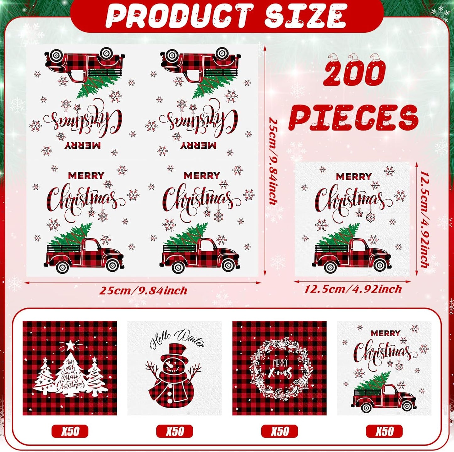 Janlaugh 200 Pcs Christmas Paper Cocktail Napkins Disposable 2 Ply Xmas Style Decoupage Beverage Napkins for Xmas Holiday Winter Dinner Table Decor