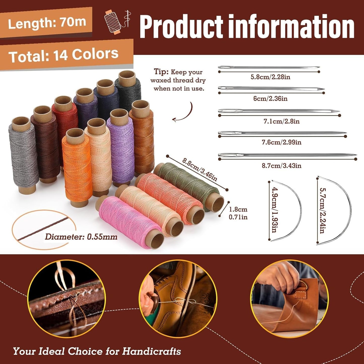 0.55 mm Round Waxed Thread, 14 Colors 76 Yards Spool Wax Coated String, Leather Sewing Waxed Thread for Sewing, Stitching, Beading, Braiding, Bracelet, Bookbinding