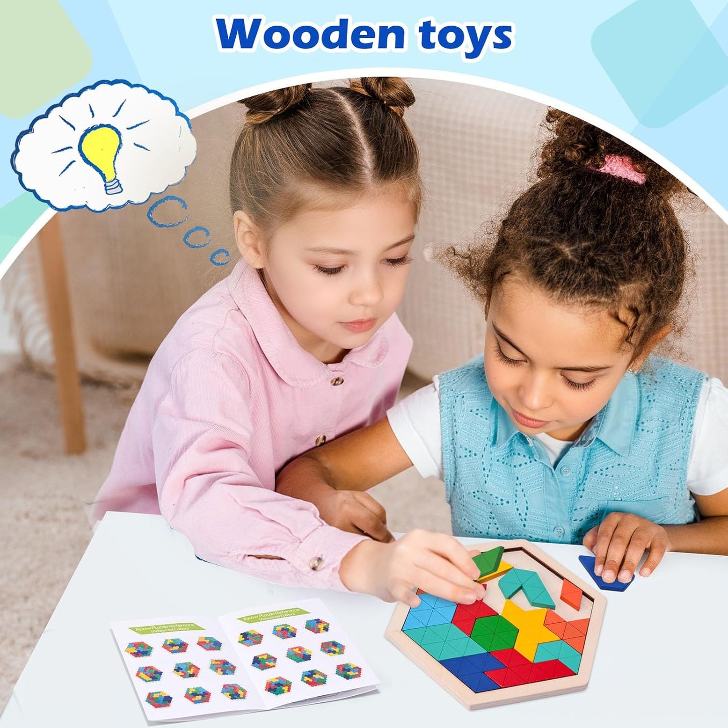 3 otters Wooden Puzzles for Kids, Educational Brain Teaser Game, Shape Sorting Board with Guide Book, Montessori Learning Toys