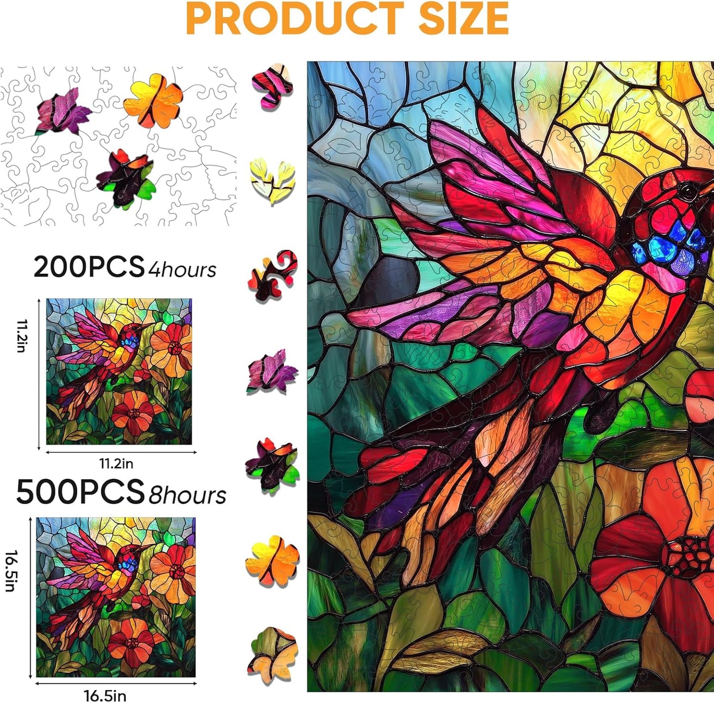 Wooden Puzzles for Adults, Stained Glass Puzzles 200 Pieces, Unique Shaped Hummingbird Jigsaw Puzzles for Adults and Kids, Birthday Gifts Fun Family Game 11.2'' x 11.2''