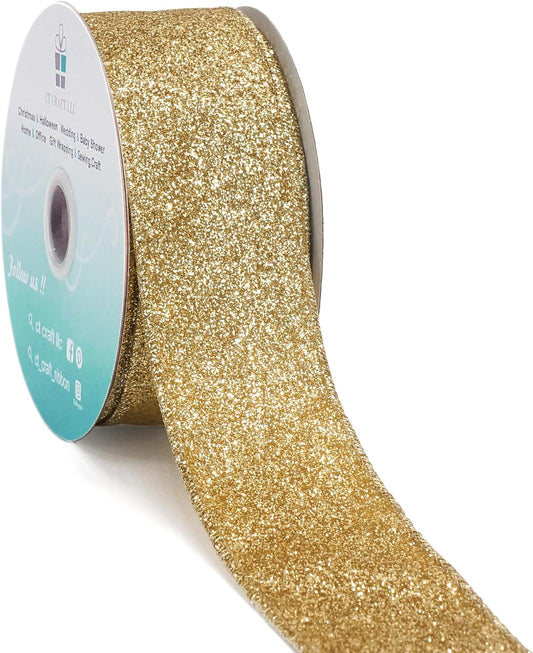 CT CRAFT LLC Glitter Wired Ribbon 1.5" x 10 Yards Light Gold for Christmas Home Decor Bow Gift Wrapping DIY Crafts Wreath