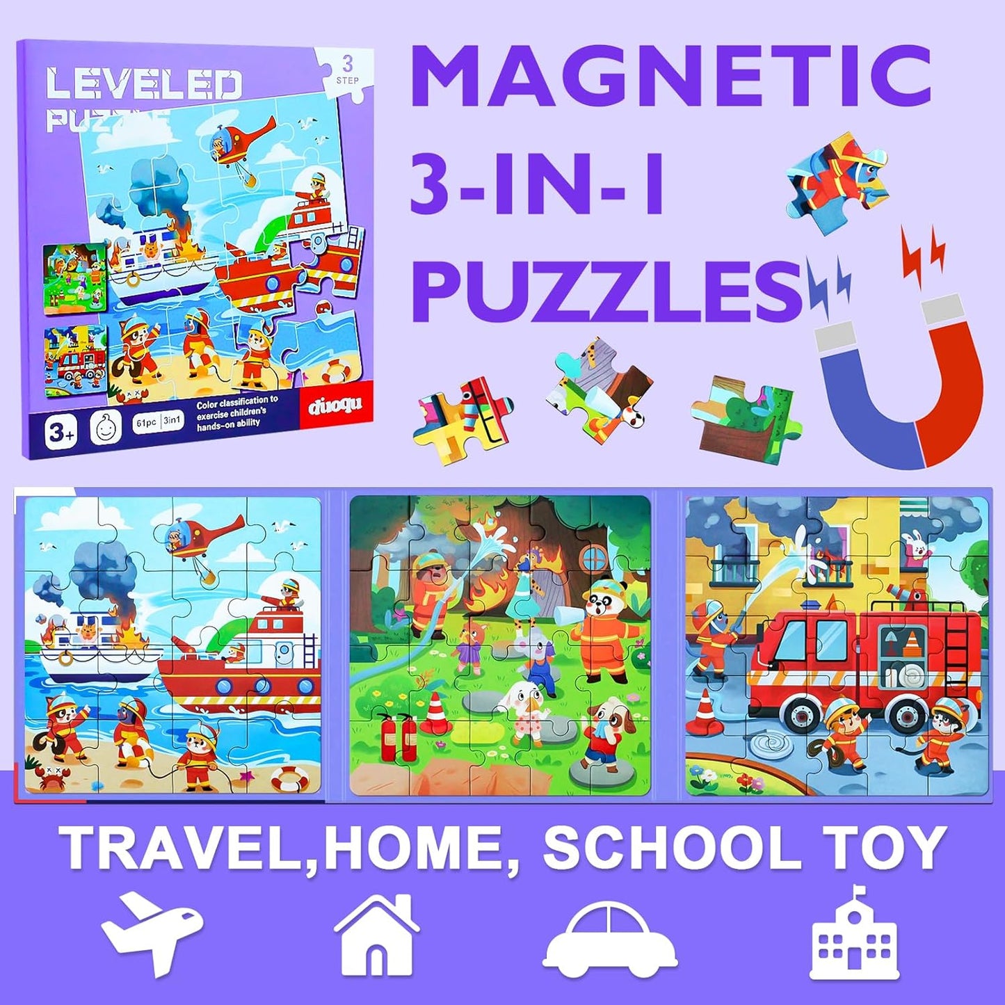 Fire Brigade Magnetic Puzzles for Toddlers, 3 in 1 Jigsaw Puzzle Book, Travel Puzzles for Preschool Learning Ages 3-8