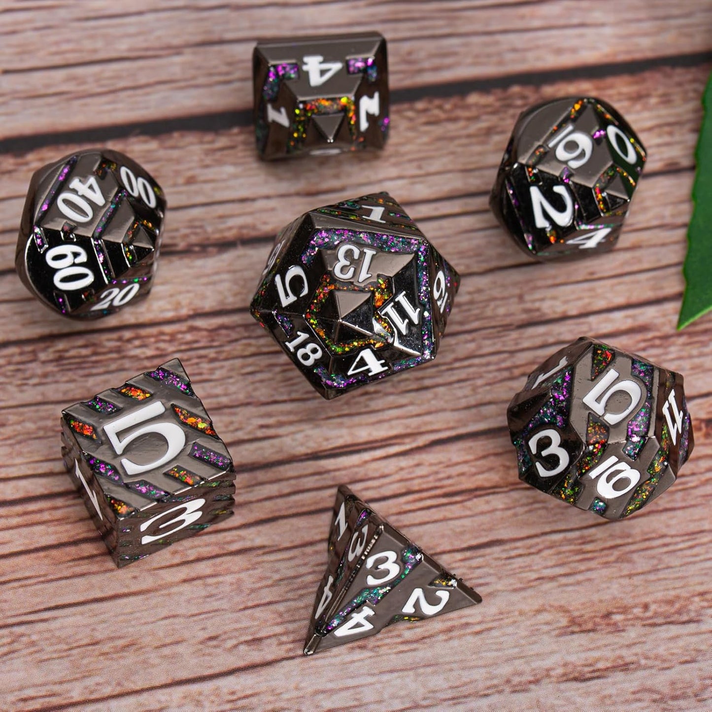 Metal Dice Set DND,Metallic Glitter Stripes D&D Dice Set,7 PCS Polyhedral Dice Set with Gift Case for Dungeons and Dragons Tabletop Game(Black Nickel Bicolor)