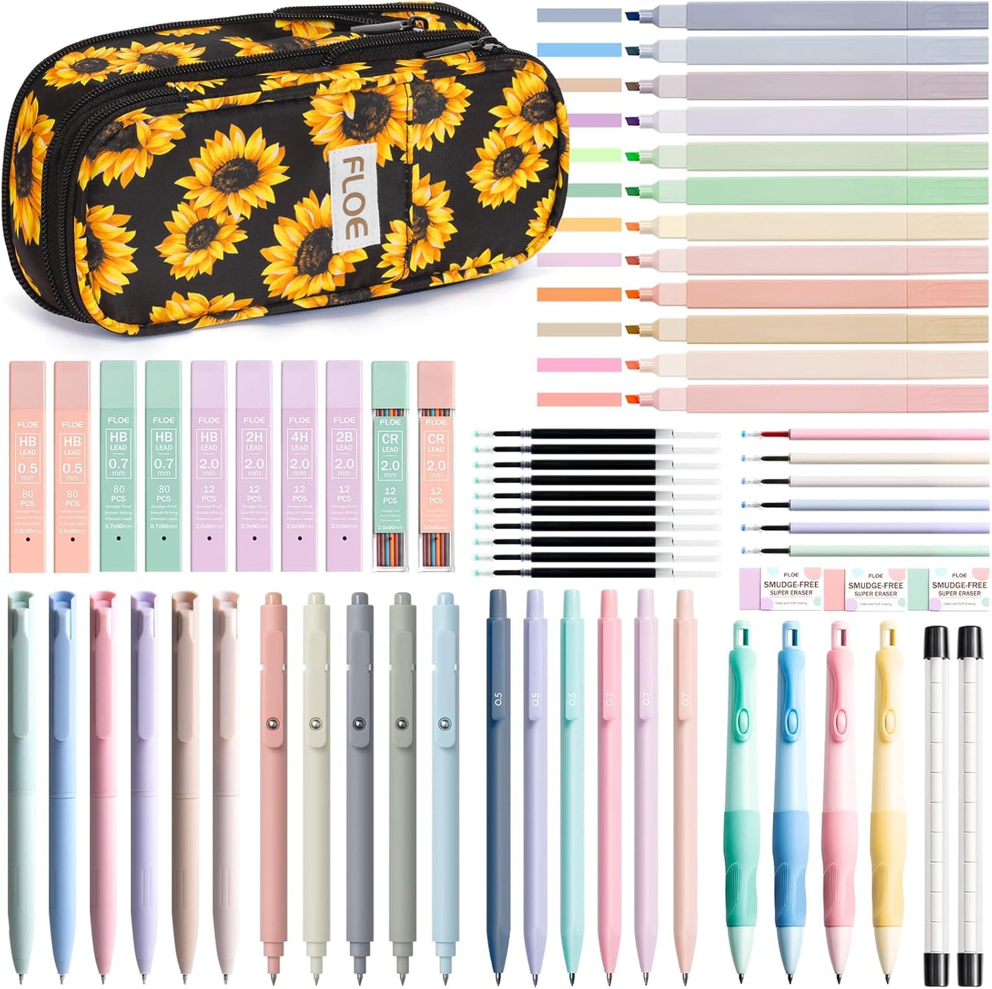 65PCS Aesthetic School Supplies with Cute Pencil Case, Pastel Highlighters Gel Pens Mechanical Pencils Set 0.5 0.7 & 2.0mm, Office Back to School Supplies College Essentials Kit Student Stationary Set