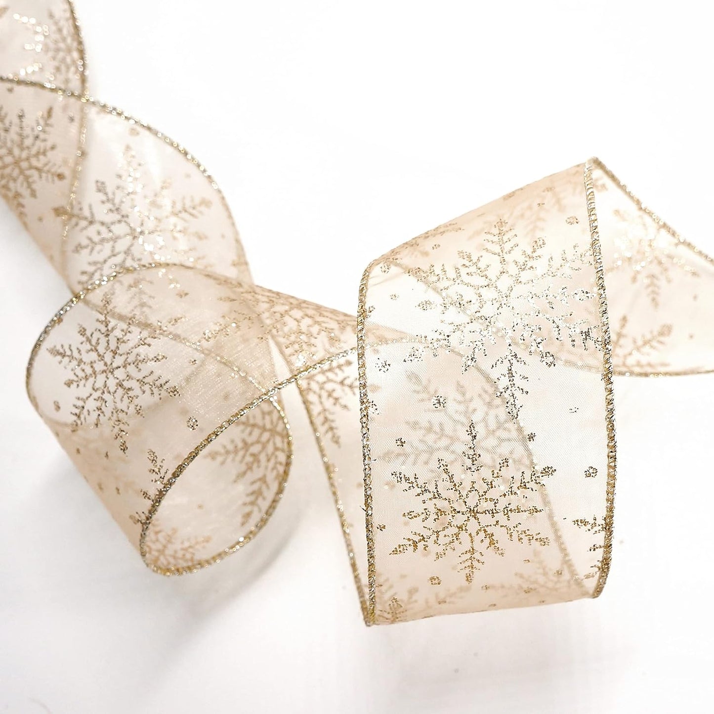 CT CRAFT LLC Organza with Champagne Gold Glitter Snowflakes Wired Ribbon 2.5 inch x 50 Yards for Christmas Home Decor Tree Topper Bow Gift Wrapping DIY Crafts Wreath Garland Wedding