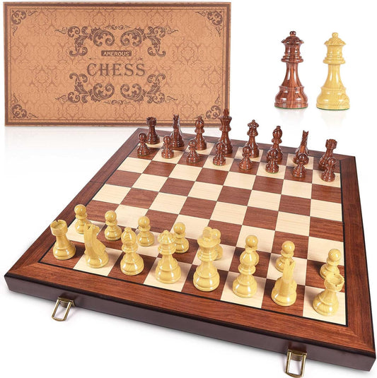 AMEROUS 20'' x 20'' Wooden Chess Set with High Polymer Weighted Chess Pieces / 3.75'' King / 2 Extra Queens/Larger Size Folding Board, Chess Board Game for Adults