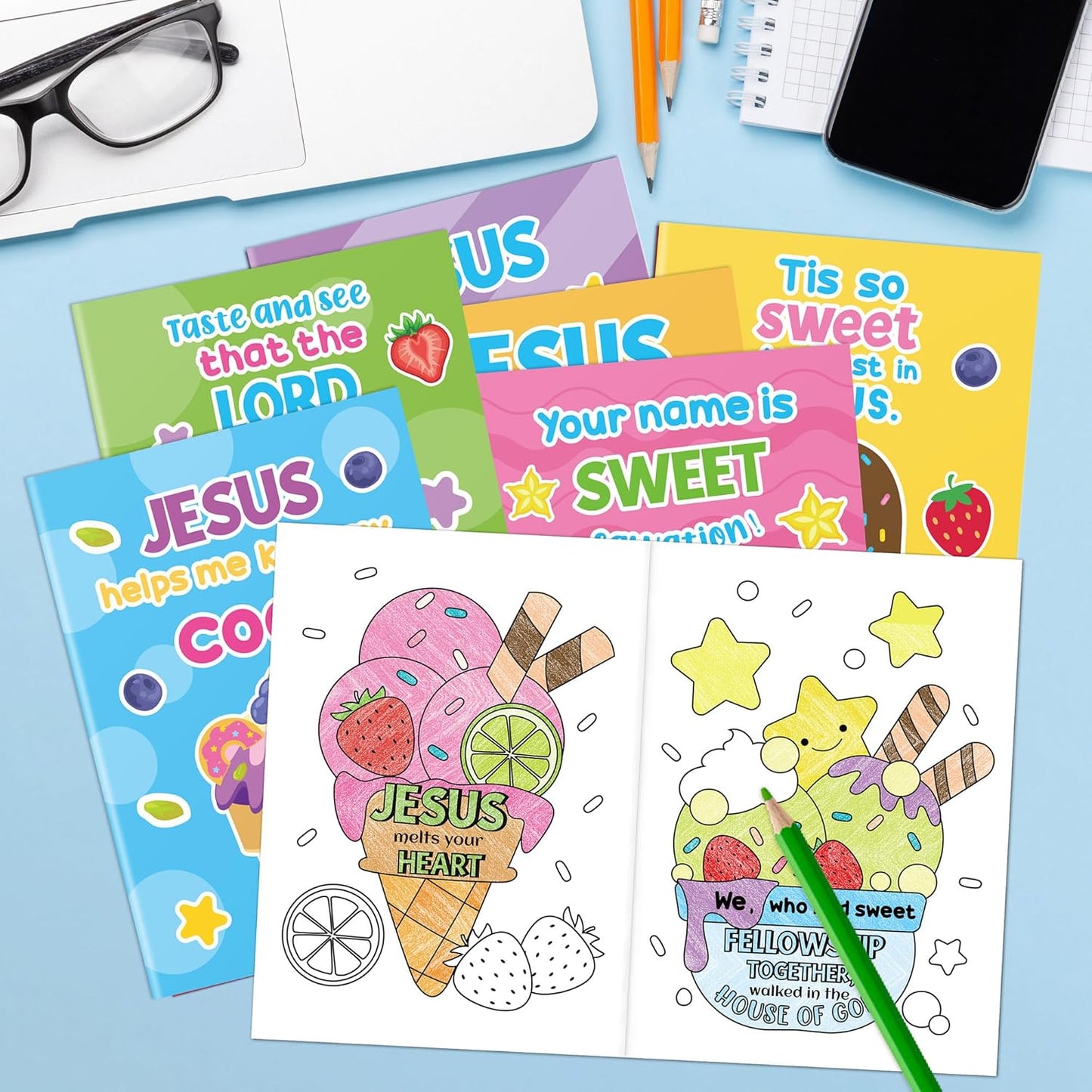 JAPBOR Ice Cream Coloring Books - 24PCS Mini Summer Religious Color Book Bulk for Kids Party Favors, Christian Jesus Small Colour Pages for Sunday School Class Drawing Painting Games Goodie Bag Filler