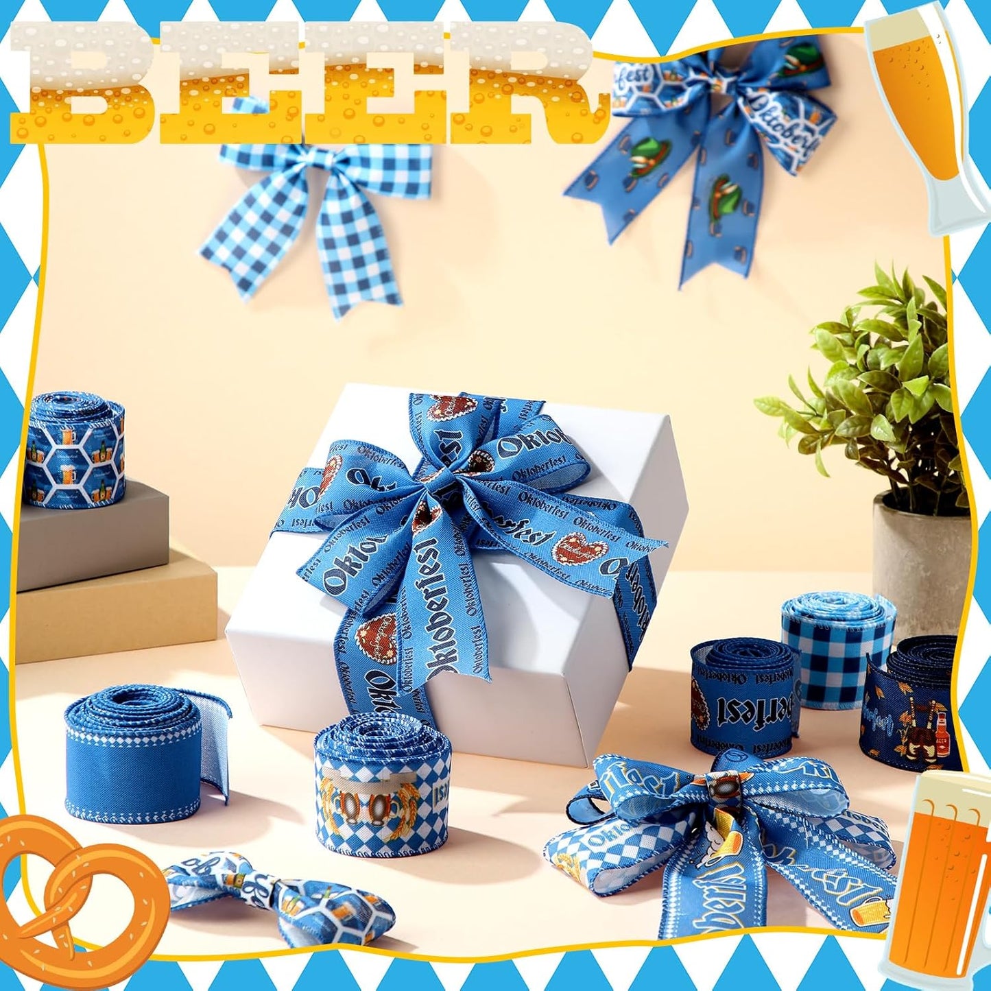 12 Rolls Oktoberfest Wired Edge Ribbon for Wreaths 2.5 Inch x 30 Yards Blue and White Print Grosgrain Ribbon Bavarian German Beer Crafts for Oktoberfest Party Decorative Supplies, 12 Styles