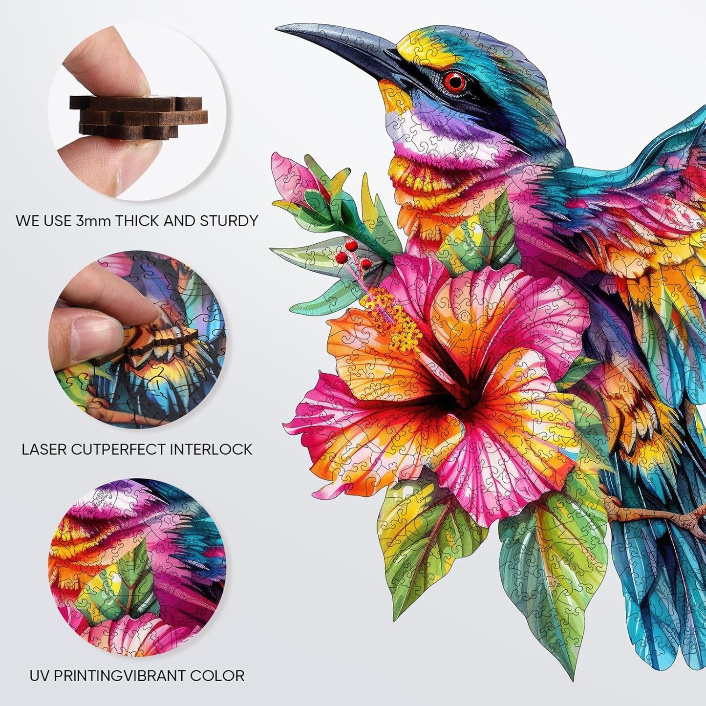 Wooden Puzzle for Adults, Hummingbird Jigsaw Puzzles 200 Piece, Unique Shapes Family Reunion Puzzle for Adults and Kids, Beautiful Package, Best Gift for Family Friends Medium 11.4x11in