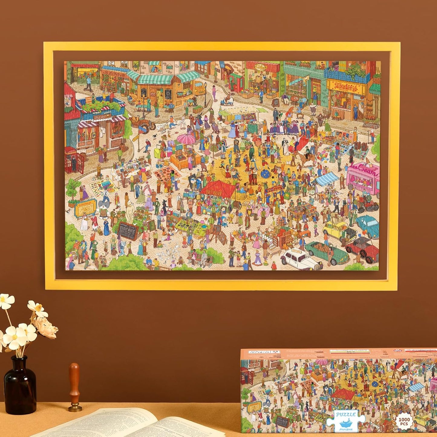 MOMIBOOK Puzzles for Adults 1000 Pieces Jigsaw Puzzles of Happy Shopping at The Market, Painting Image Town Difficult Challenging Hard Impossible Puzzle Unique Funny Party Christmas Birthday Gifts