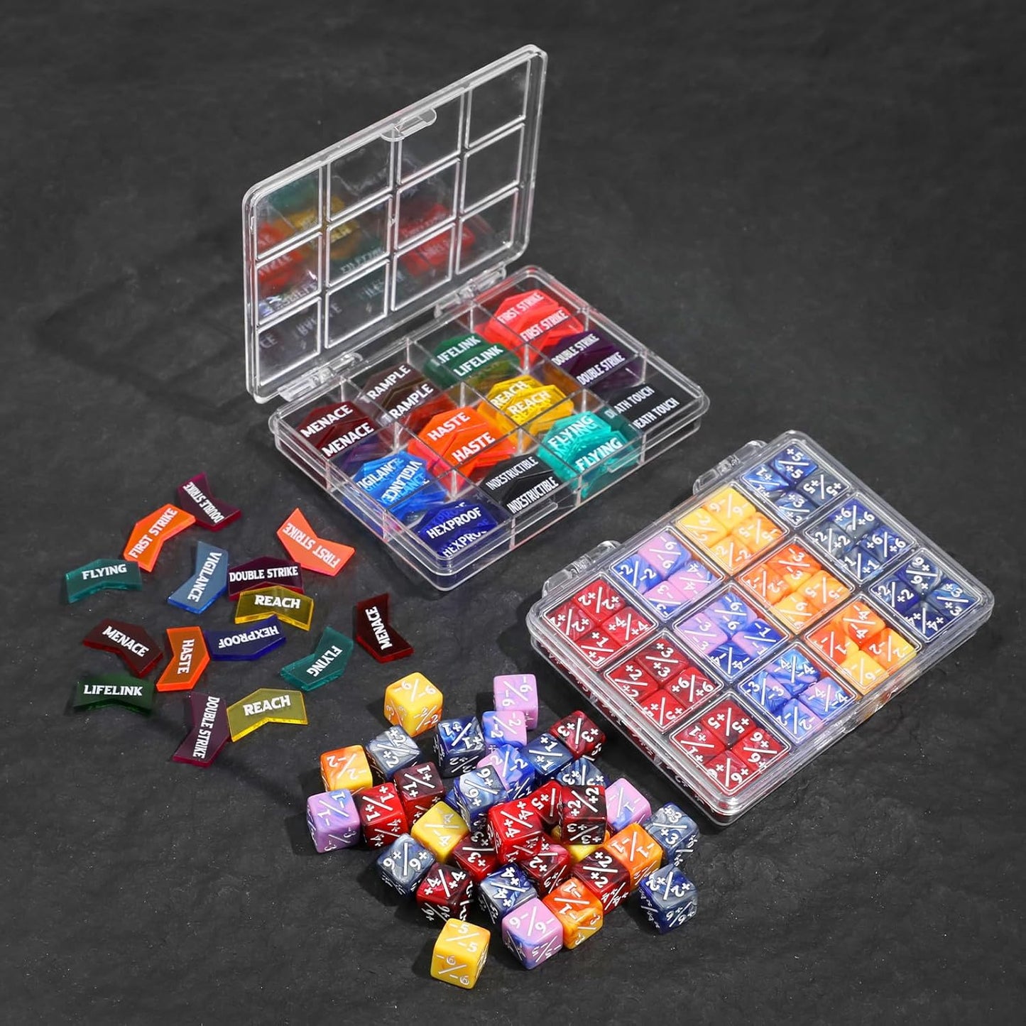 SIXPOINTS 108PCS 12mm MTG Counter Dice +1/+1 Tokens 6 Sided Dice & MTG Keyword Counters Tokens Set for Magic The Gathering, MTG, TCG, Card Games Accessories (4 Color Dices#E + MTG Keyword Counters)