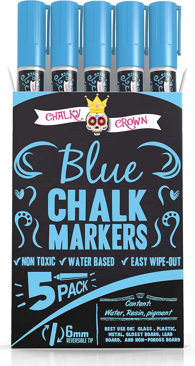 CHALKY CROWN Liquid Chalk Marker Pen - Dry Erase Marker - Chalk Markers for Chalkboard Signs, Windows, Blackboard, Glass - 6mm Reversible Tip (Blue, 5 Pack)