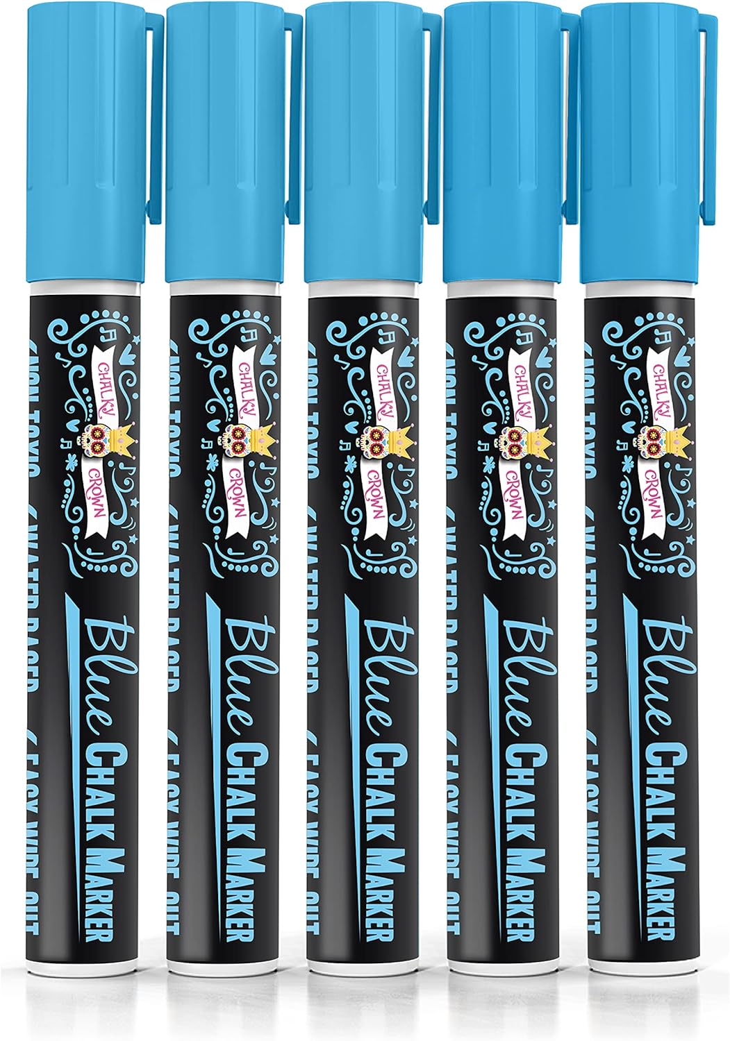 CHALKY CROWN Liquid Chalk Marker Pen - Dry Erase Marker - Chalk Markers for Chalkboard Signs, Windows, Blackboard, Glass - 6mm Reversible Tip (Blue, 5 Pack)