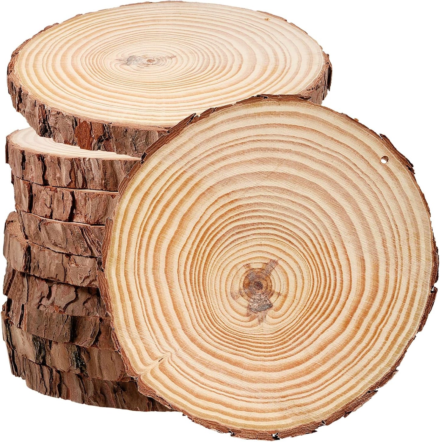 JEUIHAU 10 PCS 6.7-7 Inches Natural Wood Slices with Holes, Unfinished Predrilled Wooden Circles Tree Bark Slice, Blank Wooden Log Circles for DIY Crafts, Arts Wood Slices, Christmas Ornaments