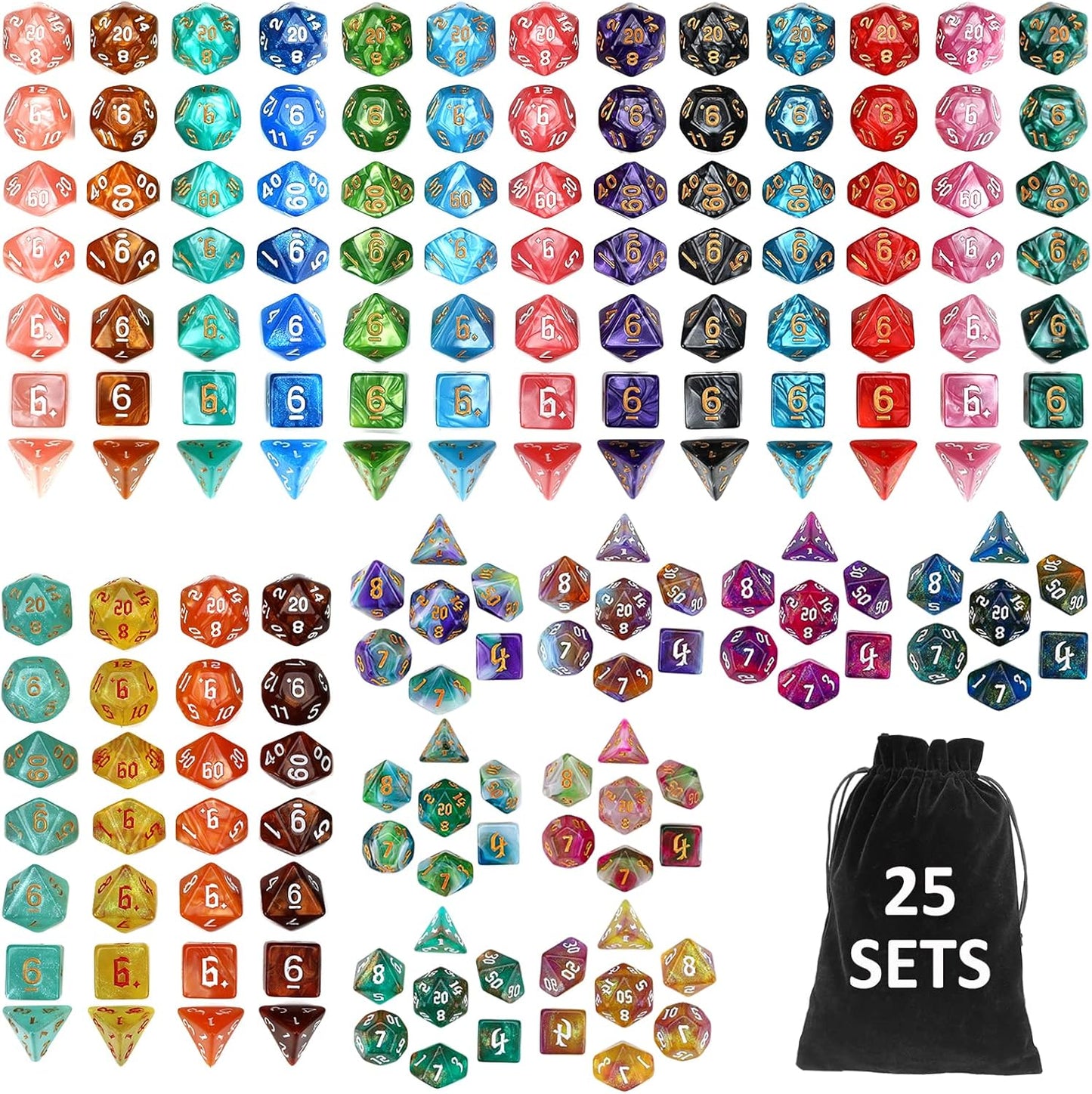 DND Dice Set, 25 X 7 (175 Pieces) Polyhedral D&D Dice Set Three-Color, Two-Color and Monochrome Dice for Dungeons and Dragons with 1 Black Bags