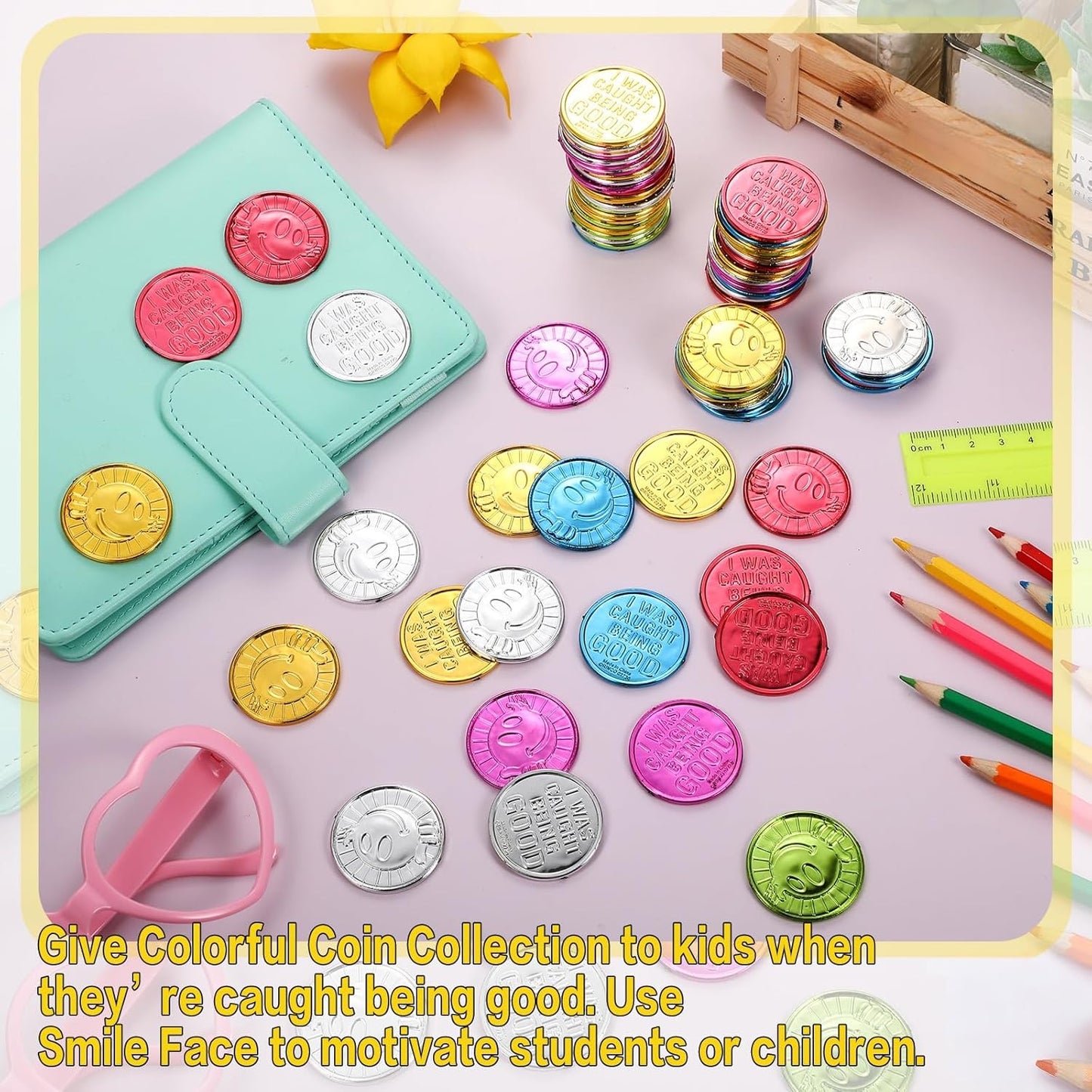Jerify 1000 Pcs I was Caught Being Good Coins for Kids Behavior Tokens Laugh Face Plastic Reward Colored Pretend Coin Carnival Halloween Party Counting (Laugh Face)