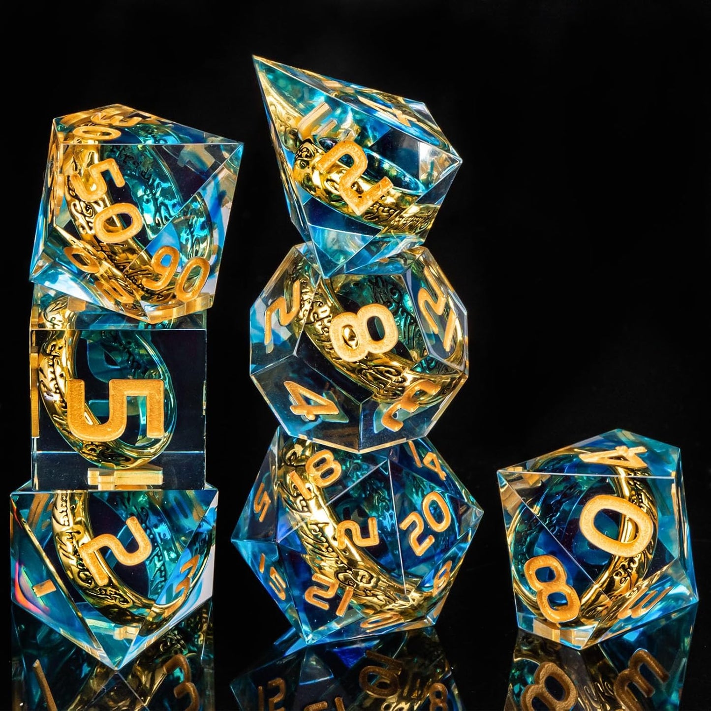 OUKELANWO Magic Lord Rings DND Dice Set with Box, 7Pcs Resin LOTR D&D Dice Set for Role Playing Game, Blue Gold Dungeons Dragons D and D Sharp Edge Dice D20 D12 D10 D8 D6 D4