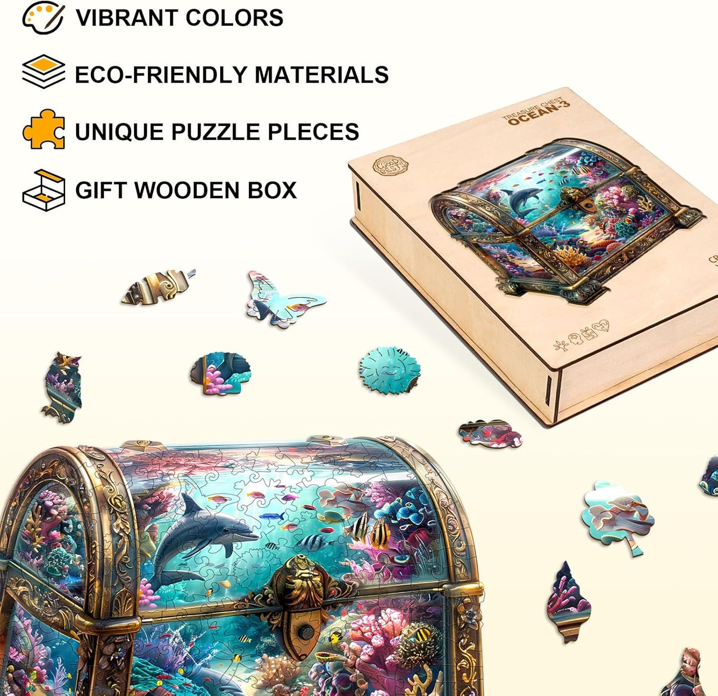Wooden Puzzles for Adults, Treasure Chest Ocean Wooden Jigsaw Puzzle Unique Shape Animal Wood Puzzles Adult 3D Visual Effect, Birthday Gifts for Puzzle Lovers Family Games (M-11.4 * 11in-190pcs)