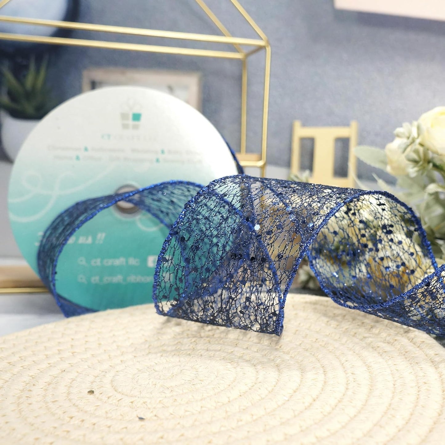 CT CRAFT LLC Sparkling Glitter Mesh Wired Ribbon 2.5" x 20 Yards Blue Navy for Christmas Home Decor Bow Gift Wrapping DIY Crafts Wreath