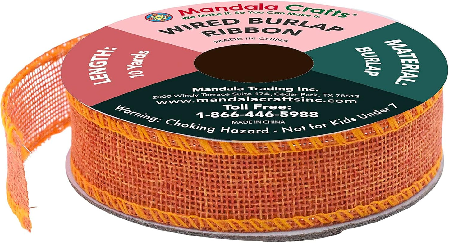 Mandala Crafts Orange Burlap Wired Ribbon 1 Inches Wide Jute Ribbons for Crafts - 10 Yds Roll Rustic Burlap Wrap Trim Ribbons for Wreaths Bows Party Decoration