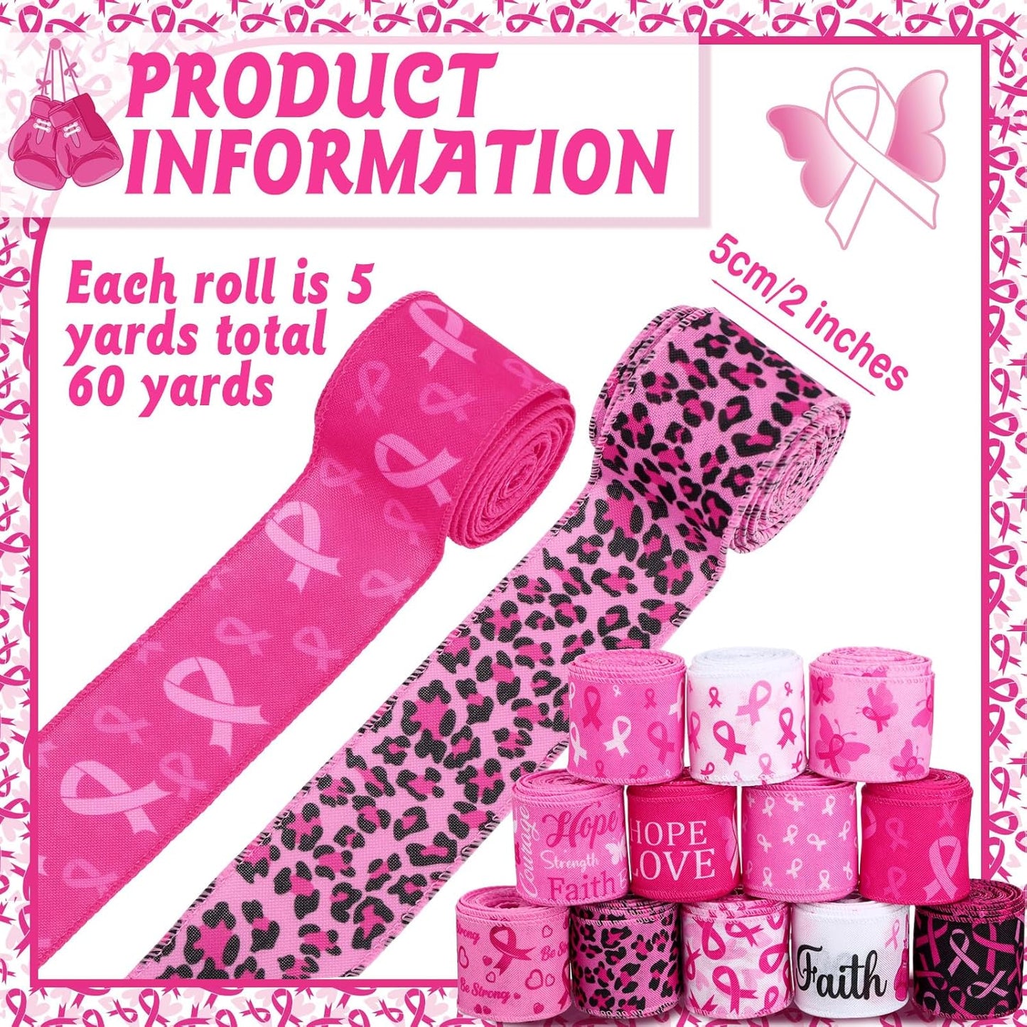 12 Rolls 60 Yards Breast Cancer Awareness Wired Edge Ribbon Pink Butterfly Patterned Ribbon Faith Hope Love Bow Making Craft Wrapping for Women Gift Wrapping Activities Home Accessories Decor