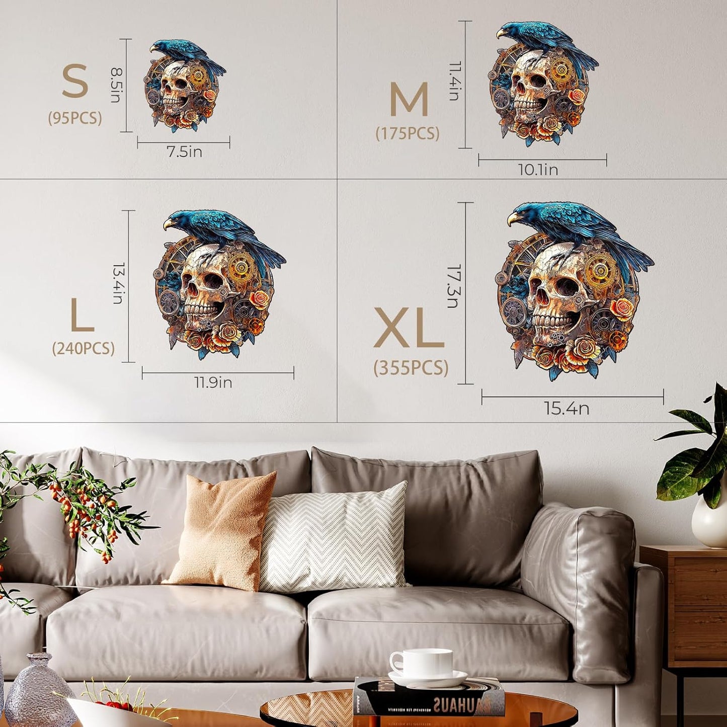 KAAYEE Wooden Puzzles for Adults, 3D Visual Effect Raven & Mechanical Skull Wooden Jigsaw Puzzle Unique Shape Wood Puzzle Adult, 3D Effect Flat Puzzle Birthday Family Games (M-11.4 * 10.1in-175pcs)