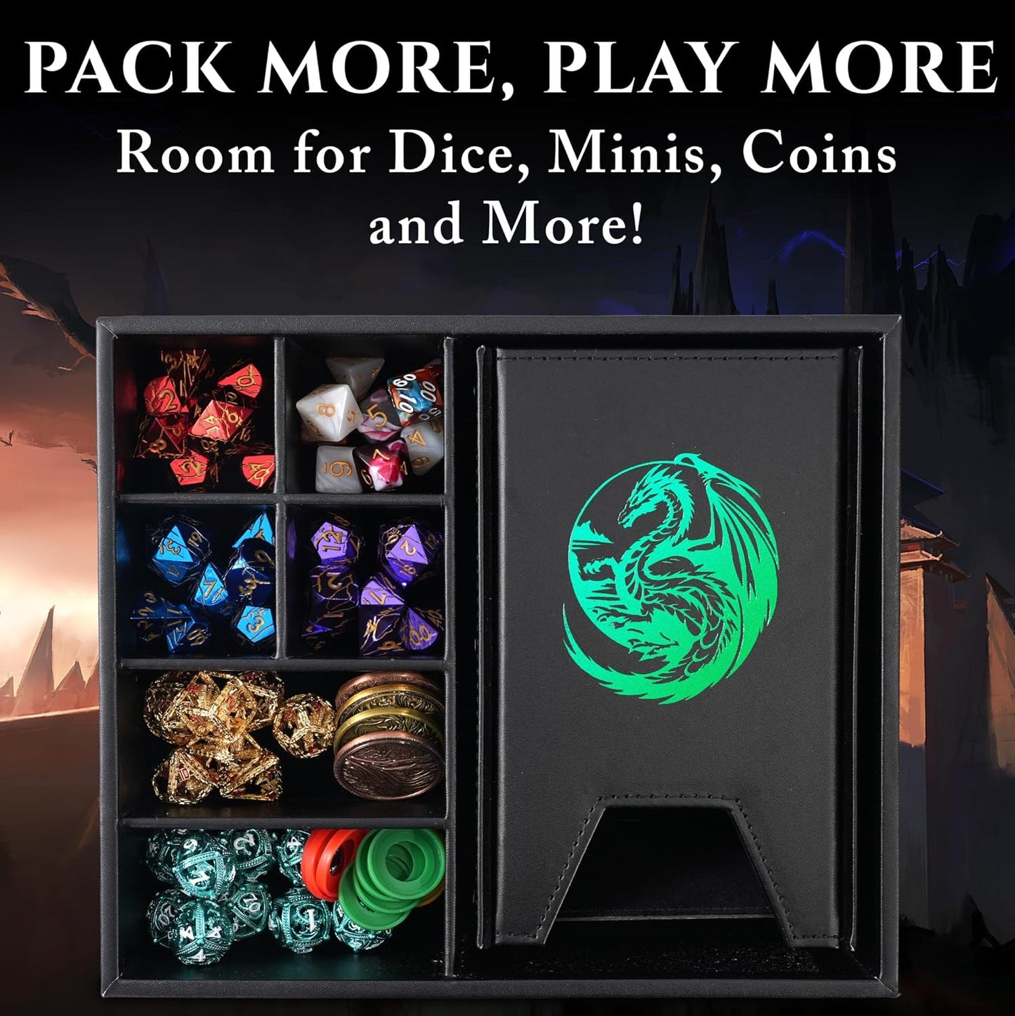Dice Tray and Dice Tower for DND: All-in-One Tray, Storage & Large Tower for Random Rolls - Stores Your Sets, Mini's etc, Perfect for D&D and RPG Gift Accessories (Green Dragon)
