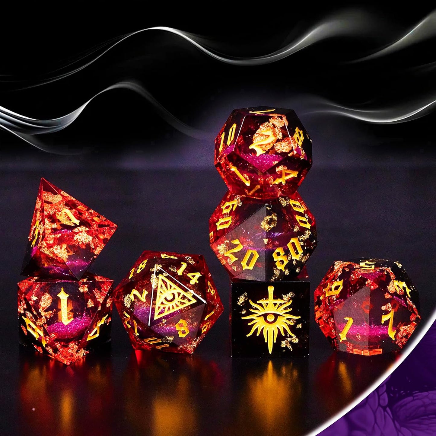 The Eye of Mystery Liquid Core DND Dice Set – Unique Resin Dice Set for Dungeons & Dragons – Red Flame Eye Dice Set for D&D Gifts