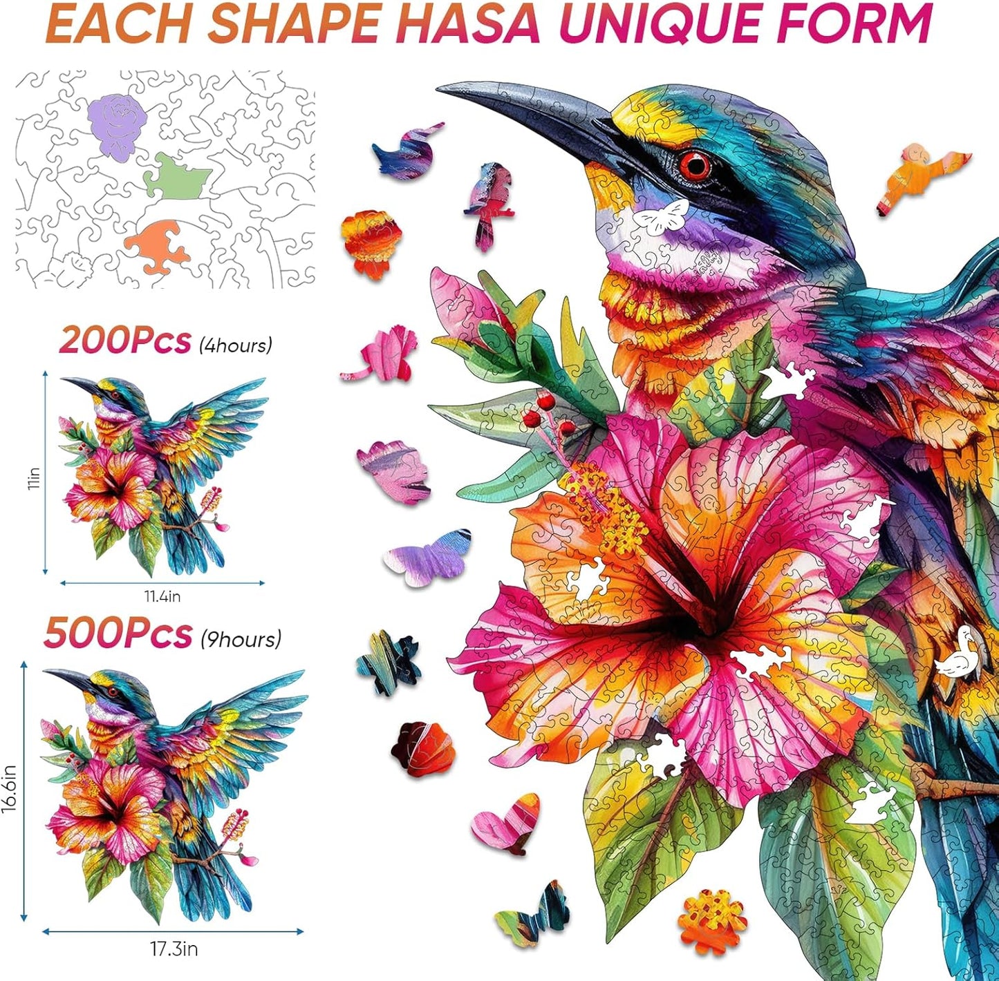 Wooden Puzzle for Adults, Hummingbird Jigsaw Puzzles 200 Piece, Unique Shapes Family Reunion Puzzle for Adults and Kids, Beautiful Package, Best Gift for Family Friends Medium 11.4x11in
