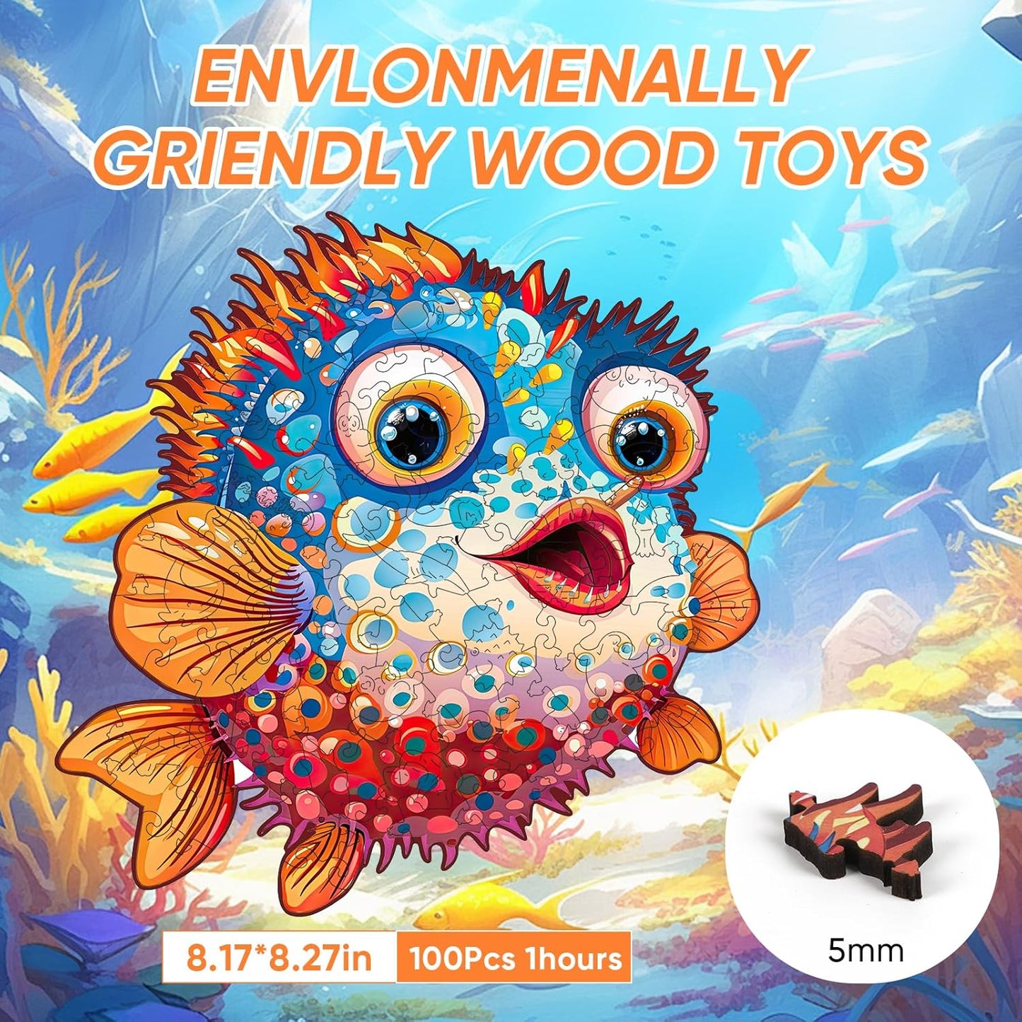 Wooden Puzzles for Kids,100 Pieces Ocean Puzzle,Unique Fish Shaped Wooden Puzzle, Preschool Puzzle Toys, Give Your Kids/Grandchildren, Suitable for Family Games