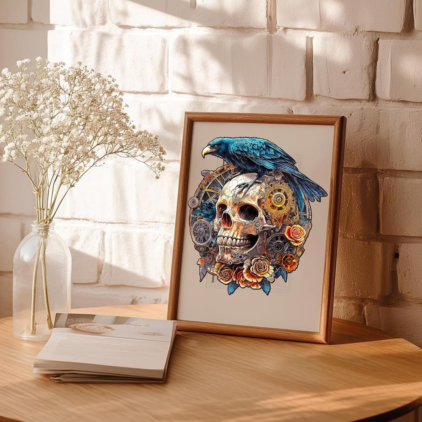 KAAYEE Wooden Puzzles for Adults, 3D Visual Effect Raven & Mechanical Skull Wooden Jigsaw Puzzle Unique Shape Wood Puzzle Adult, 3D Effect Flat Puzzle Birthday Family Games (L-13.4 * 11.9in-240pcs)