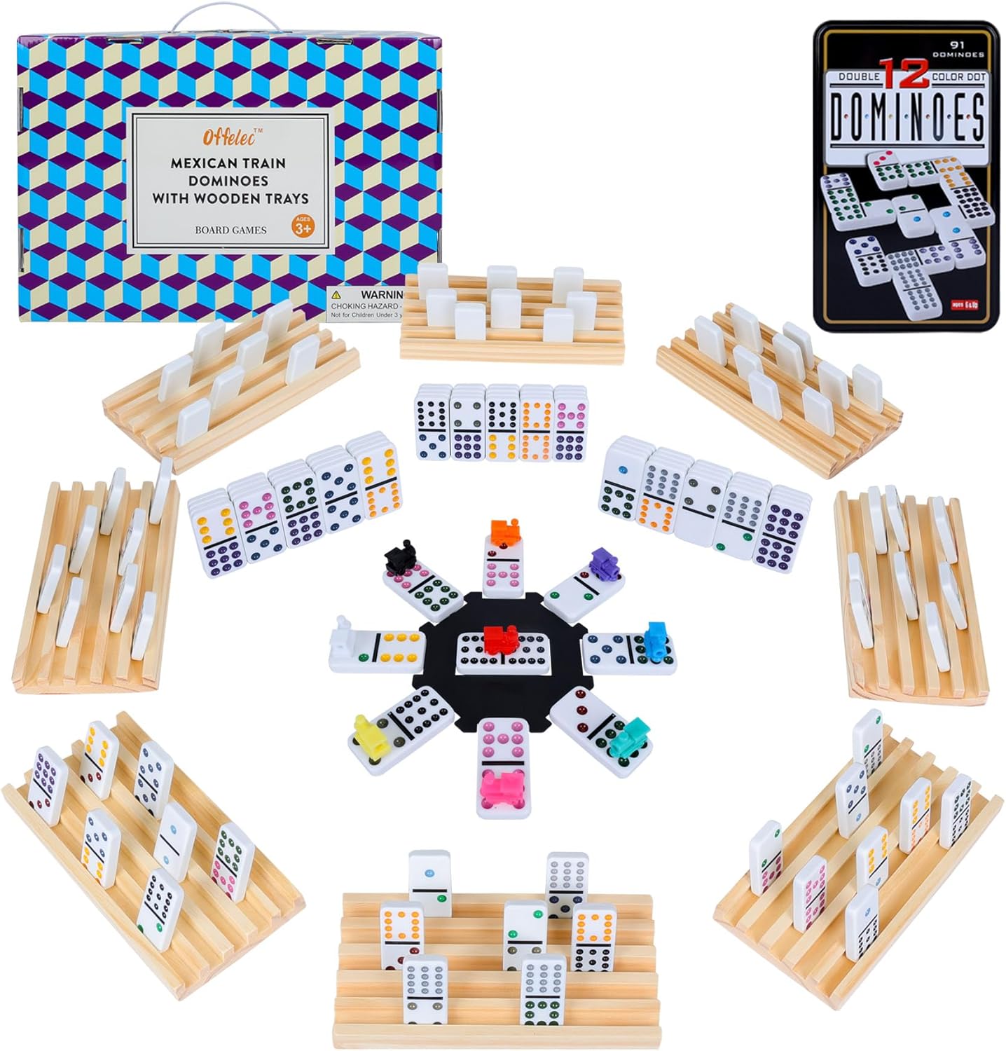 Mexican Train Dominoes Set with 8 Wooden Holders, Double 12 Dominoes Set for Adults, 91 Tiles Colored Dominos Set for Kids Family Night Board Games, Mexican Train Games for 2-8 Players