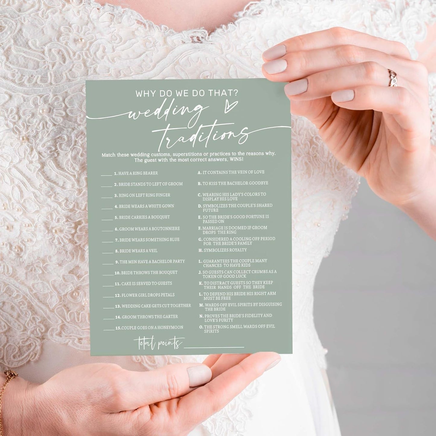 Bridal Shower Games Cards, Wedding Traditions Why Do We Do That, 25 Game Cards with 1 Answer Card, Engagement Party Wedding Games for Guests, Minimalist Green Wedding Party Supplies - C08