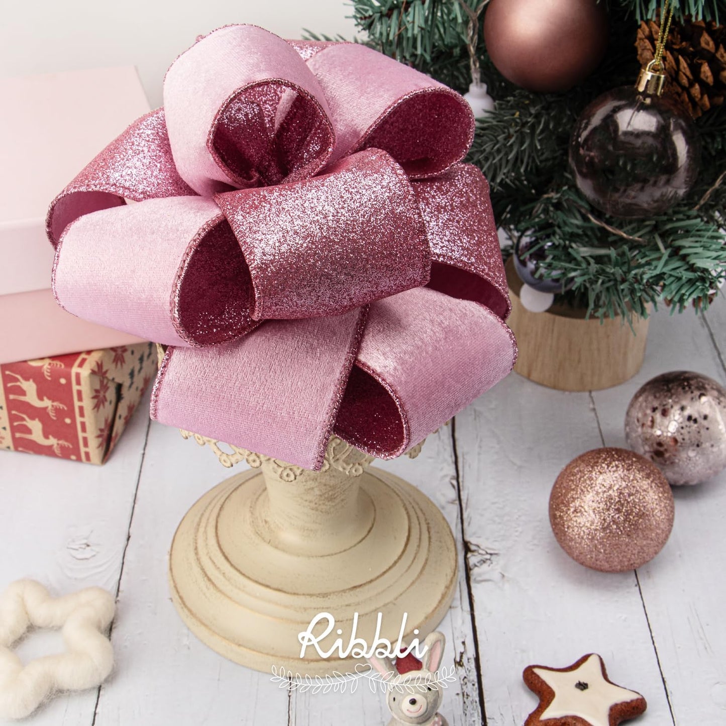 Ribbli Pink Velvet Wired Ribbon 2.5 Inch Velvet with Glitter Christmas Ribbon for Tree Decoration Big Bow Gift Wrapping Crafts Wreaths Supplies - 10 Yards