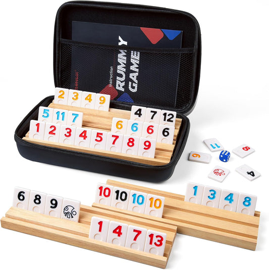 Rummy Cube Game Set with 4 Wooden Racks,106 Rummy Tiles and Portable Case,Classic Travel Board Games for Family Adults and Kids