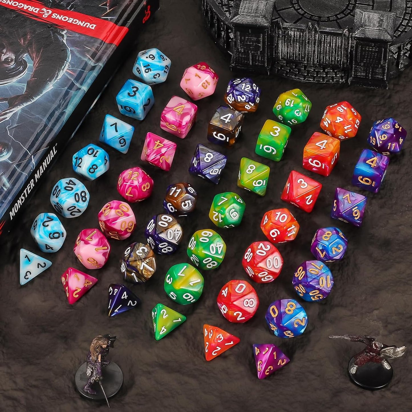 QMay DND Dice - 42pcs Polyhedral Dice, 6 Set Complete Double-Colors D&D Dice Sets with 6 Blue Drawstring Bags for Dungeons and Dragons RPG MTG Table Games